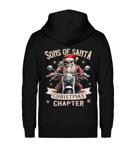 Eine weihnachtliche Reißverschluss-Jacke für Motorradfahrer von Wingbikers mit dem Aufdruck, Sons of Santa - Christmas Chapter, in schwarz.