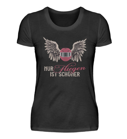 Ein T-Shirt für Motorradfahrerinnen von Wingbikers mit dem Aufdruck, Nur fliegen ist schöner, in schwarz.