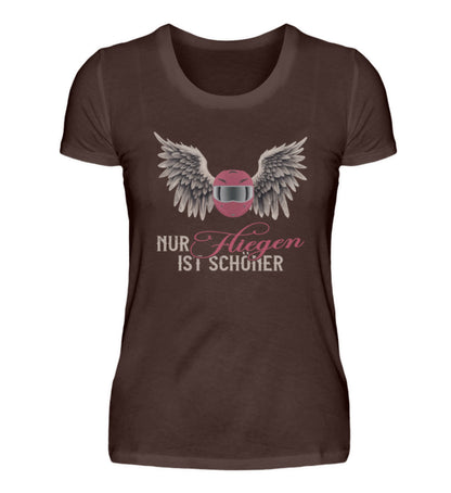 Ein T-Shirt für Motorradfahrerinnen von Wingbikers mit dem Aufdruck, Nur fliegen ist schöner, in braun.