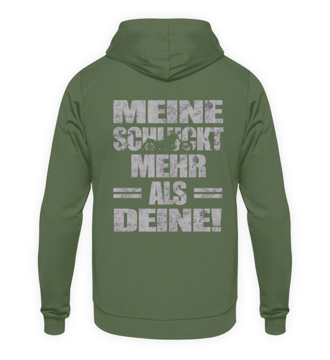 Ein Biker Hoodie für Motorradfahrer von Wingbikers mit dem Aufdruck, Meine schluckt mehr als deine! mit einem Motorrad, als Back Print, in erdgrün.