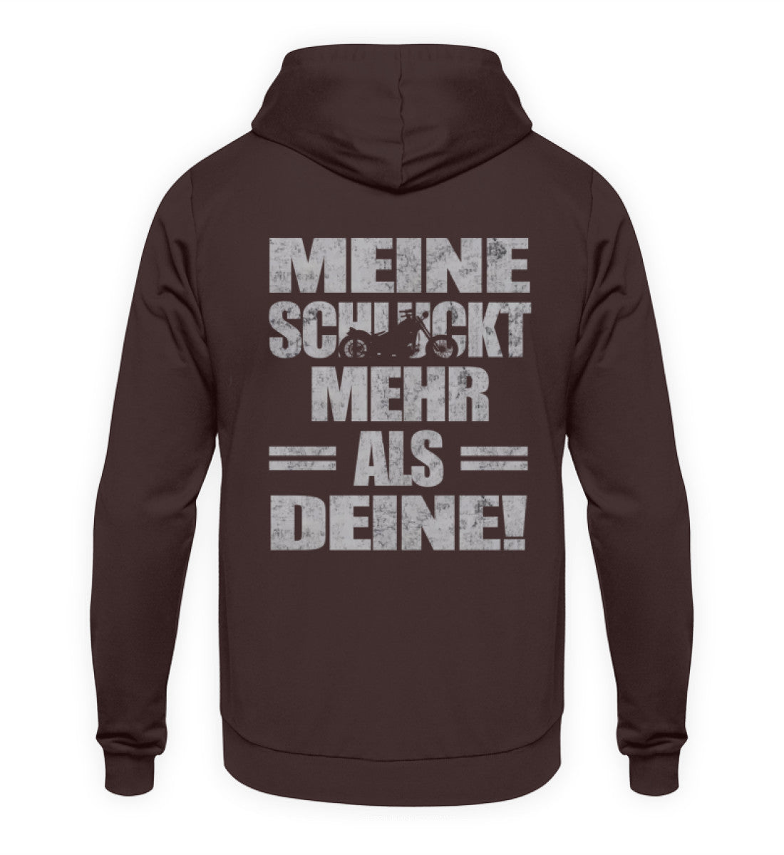 Ein Biker Hoodie für Motorradfahrer von Wingbikers mit dem Aufdruck, Meine schluckt mehr als deine! mit einem Motorrad, als Back Print, in braun.