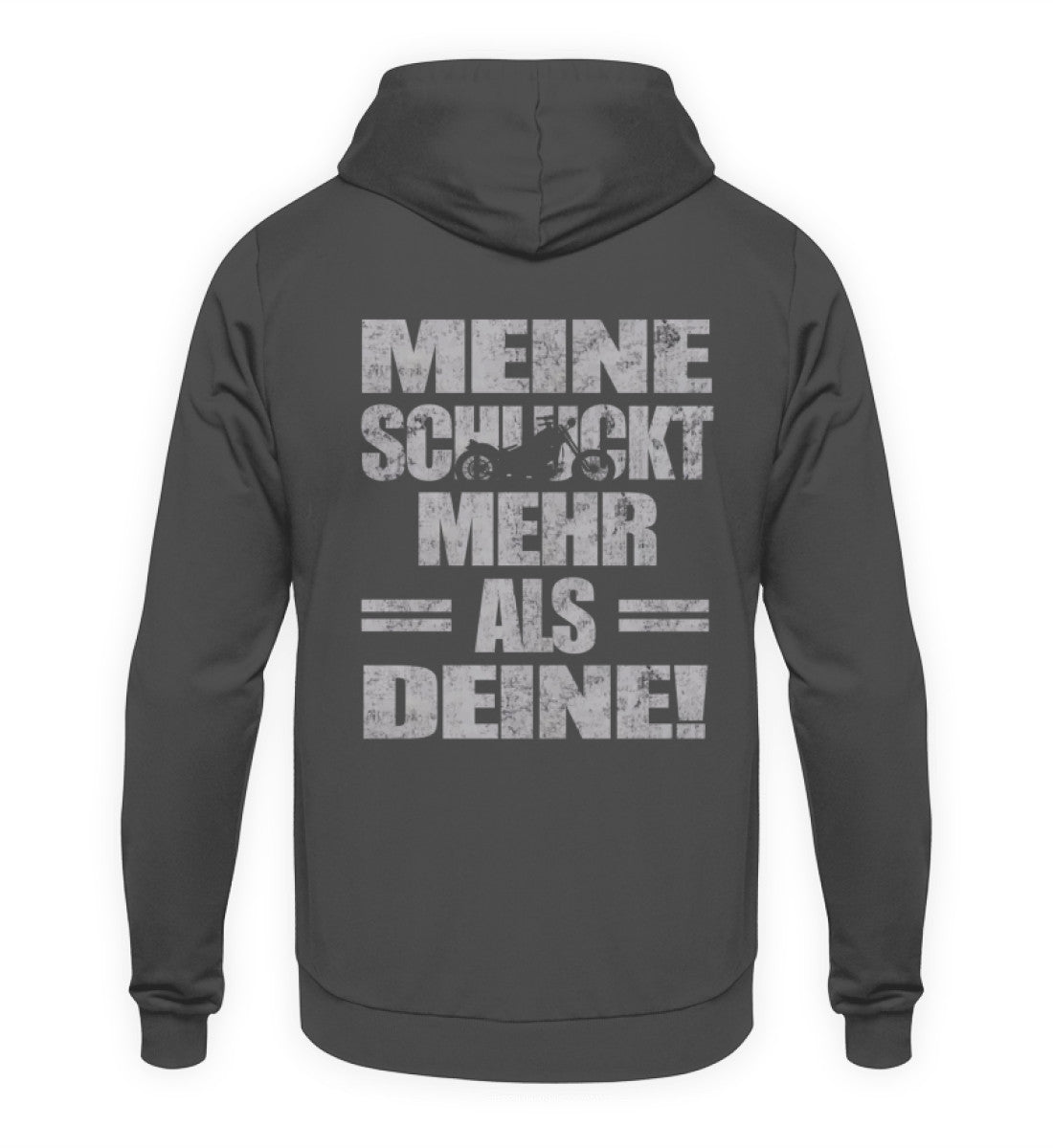 Ein Biker Hoodie für Motorradfahrer von Wingbikers mit dem Aufdruck, Meine schluckt mehr als deine! mit einem Motorrad, als Back Print, in dunkelgrau.