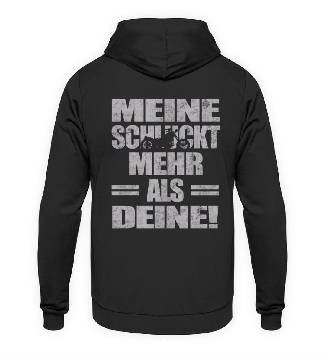 Ein Biker Hoodie für Motorradfahrer von Wingbikers mit dem Aufdruck, Meine schluckt mehr als deine! mit einem Motorrad, als Back Print, in schwarz.