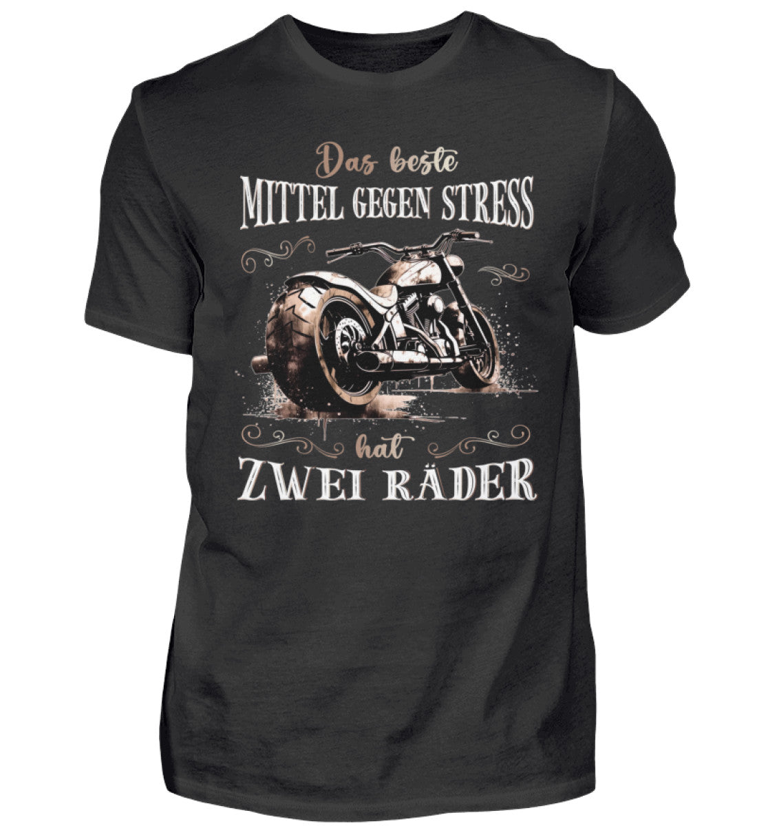 Ein T-Shirt für Motorradfahrer von Wingbikers mit dem Aufdruck, Das beste Mittel gegen Stress hat 2 Räder, in schwarz.