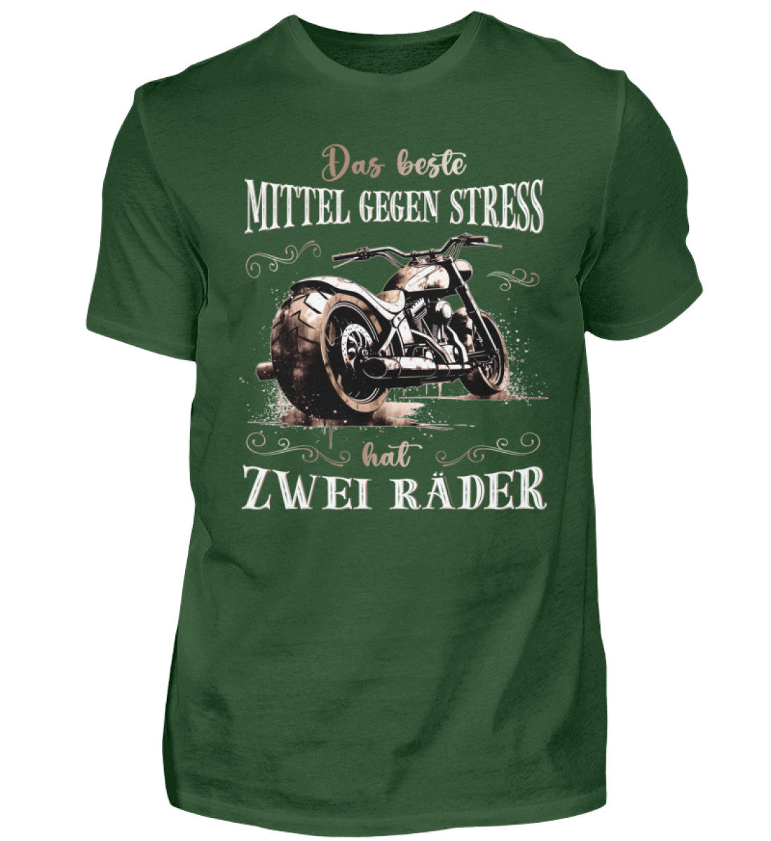 Ein T-Shirt für Motorradfahrer von Wingbikers mit dem Aufdruck, Das beste Mittel gegen Stress hat 2 Räder, in dunkelgrün.