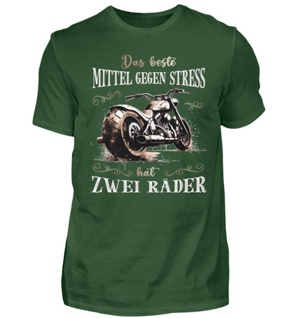 Ein T-Shirt für Motorradfahrer von Wingbikers mit dem Aufdruck, Das beste Mittel gegen Stress hat 2 Räder, in dunkelgrün.