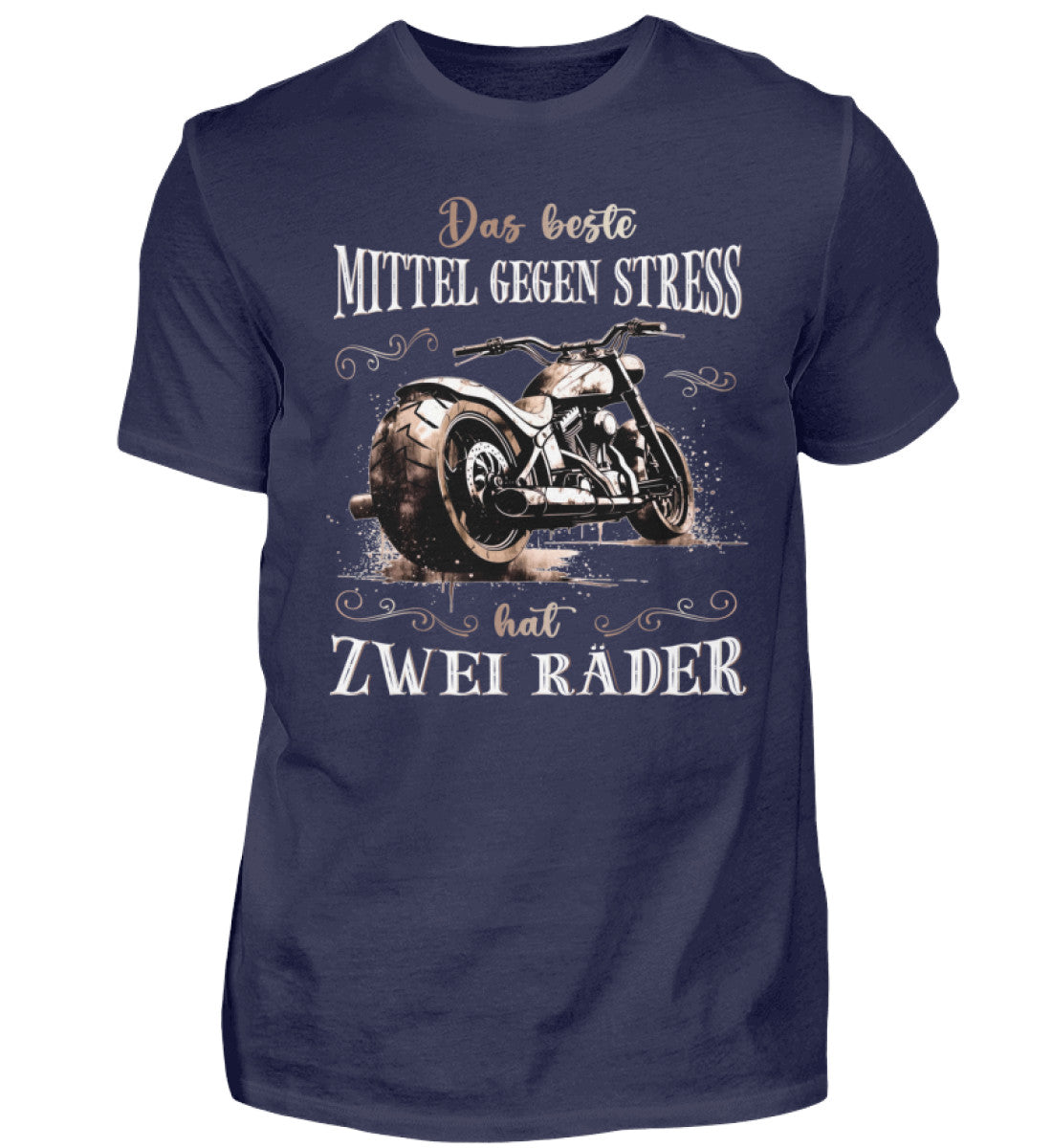 Ein T-Shirt für Motorradfahrer von Wingbikers mit dem Aufdruck, Das beste Mittel gegen Stress hat 2 Räder, in navy blau.