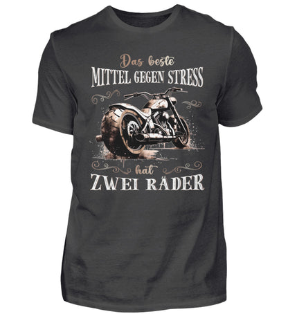 Ein T-Shirt für Motorradfahrer von Wingbikers mit dem Aufdruck, Das beste Mittel gegen Stress hat 2 Räder, in dunkelgrau.