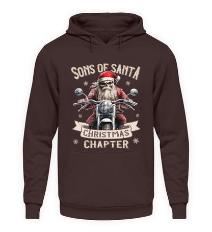 Ein weihnachtlicher Hoodie für Motorradfahrer von Wingbikers mit dem Aufdruck, Sons of Santa - Christmas Chapter, in braun.