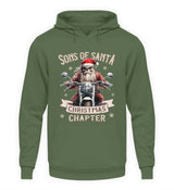 Ein weihnachtlicher Hoodie für Motorradfahrer von Wingbikers mit dem Aufdruck, Sons of Santa - Christmas Chapter, in erdgrün.