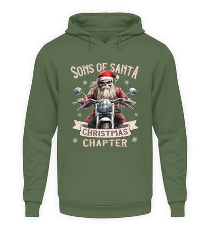 Ein weihnachtlicher Hoodie für Motorradfahrer von Wingbikers mit dem Aufdruck, Sons of Santa - Christmas Chapter, in erdgrün.