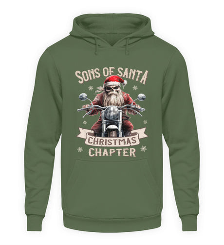 Ein weihnachtlicher Hoodie für Motorradfahrer von Wingbikers mit dem Aufdruck, Sons of Santa - Christmas Chapter, in erdgrün.