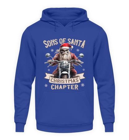 Ein weihnachtlicher Hoodie für Motorradfahrer von Wingbikers mit dem Aufdruck, Sons of Santa - Christmas Chapter, in royal blau.