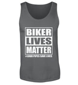 Ein Biker Tanktop für Motorradfahrer von Wingbikers mit dem Aufdruck, Biker Lives Matter - # Loud Pipes Save Lives, in dunkelgrau.