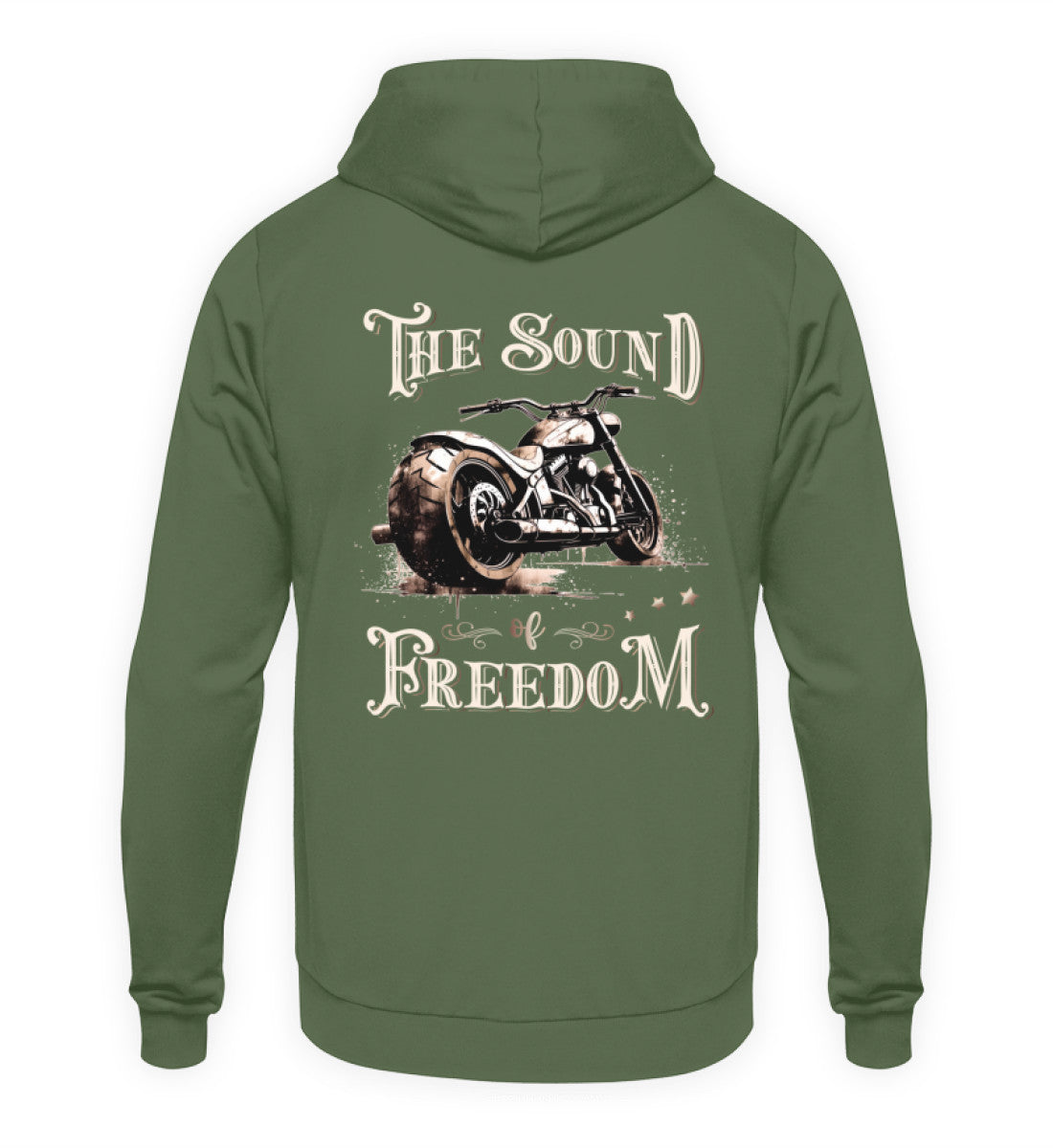 Ein Biker Hoodie für Motorradfahrer von Wingbikers mit dem Aufdruck, The Sound of Freedom, als Back Print, in erdgrün.