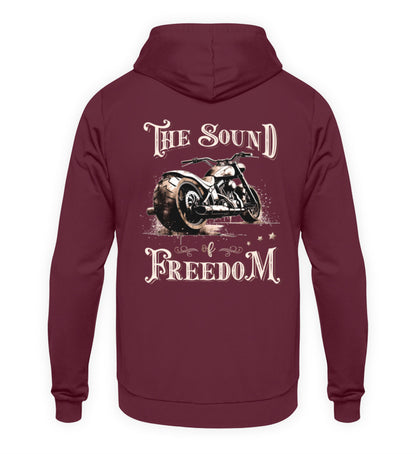 Ein Biker Hoodie für Motorradfahrer von Wingbikers mit dem Aufdruck, The Sound of Freedom, als Back Print, in burgunder weinrot.