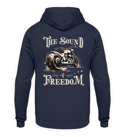 Ein Biker Hoodie für Motorradfahrer von Wingbikers mit dem Aufdruck, The Sound of Freedom, als Back Print, in navy blau.