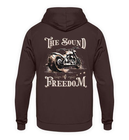 Ein Biker Hoodie für Motorradfahrer von Wingbikers mit dem Aufdruck, The Sound of Freedom, als Back Print, in braun.