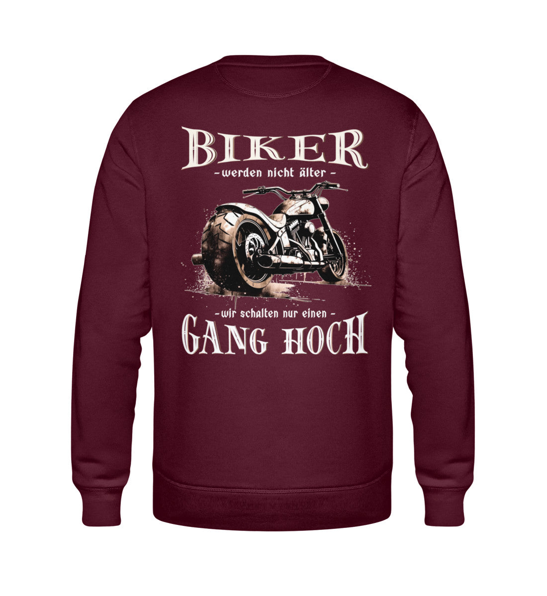 Ein Biker Sweatshirt für Motorradfahrer von Wingbikers mit dem Aufdruck, Biker werden nicht älter - Wir schalten nur einen Gang hoch! mit Back Print, in burgunder weinrot.