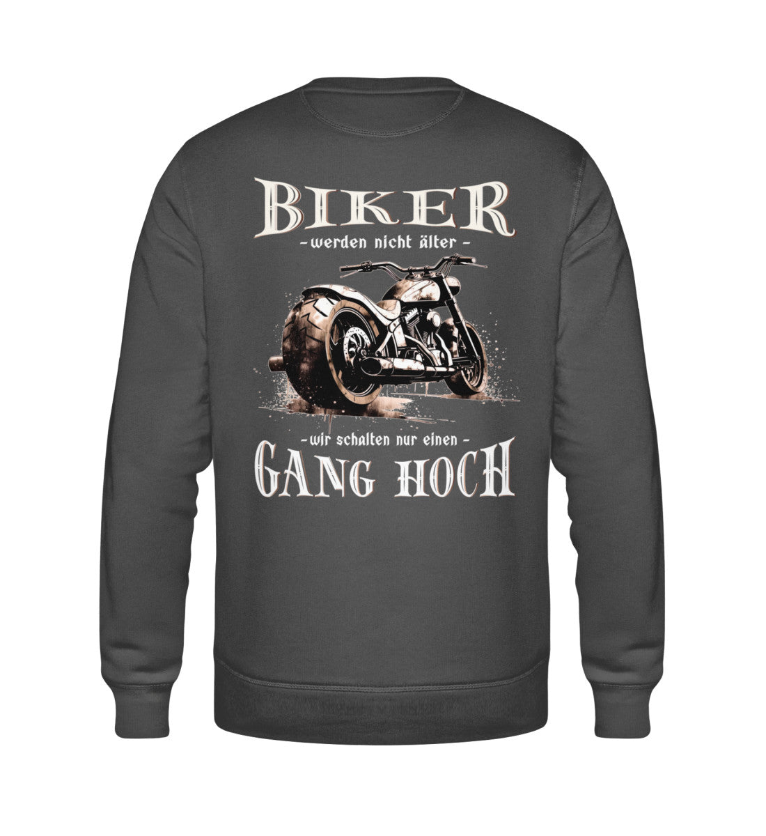 Ein Biker Sweatshirt für Motorradfahrer von Wingbikers mit dem Aufdruck, Biker werden nicht älter - Wir schalten nur einen Gang hoch! mit Back Print, in dunkelgrau.