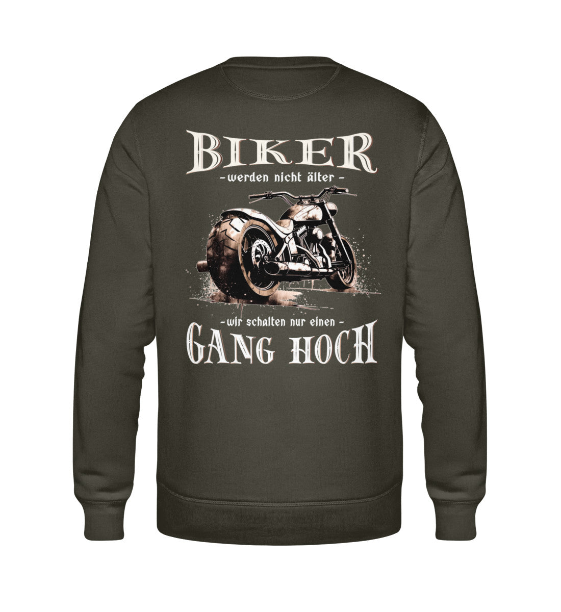 Ein Biker Sweatshirt für Motorradfahrer von Wingbikers mit dem Aufdruck, Biker werden nicht älter - Wir schalten nur einen Gang hoch! mit Back Print, in khaki grün.