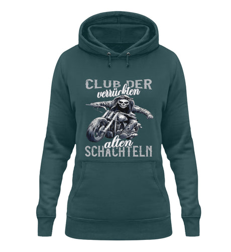 Ein Bikerin Hoodie für Motorradfahrerinnen von Wingbikers mit dem Aufdruck, Club der verrückten alten Schachteln - in petrol türkis.