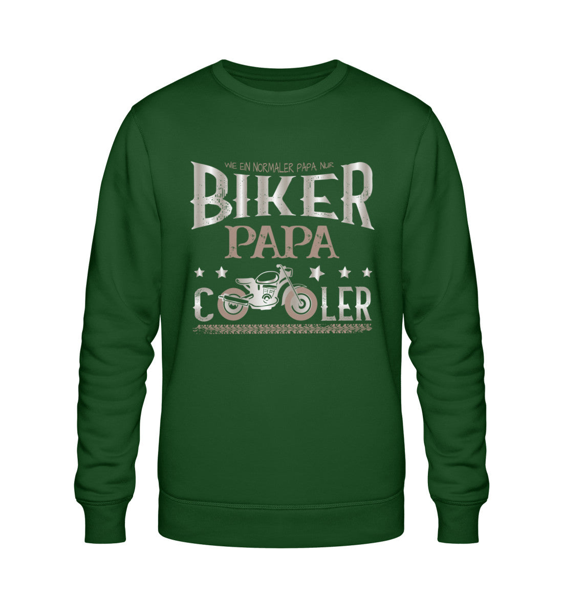 Ein Biker Sweatshirt für Motorradfahrer von Wingbikers mit dem Aufdruck, Biker Papa - Wie ein normaler Papa nur cooler - in dunkelgrün.