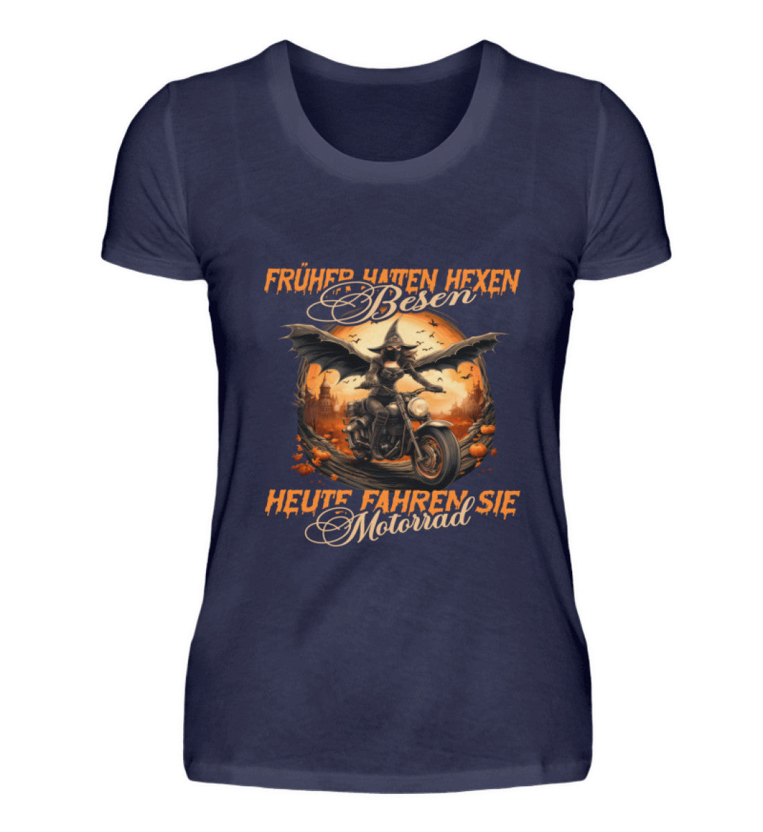 Ein Motorrad T-Shirt für Halloween von WingBikers, mit dem Aufdruck, Früher hatten Hexen Besen, heute fahren sie Motorrad, in navy.