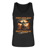 Ein Motorrad Tanktop für Halloween von WingBikers, mit dem Aufdruck, Früher hatten Hexen Besen, heute fahren sie Motorrad, in schwarz.