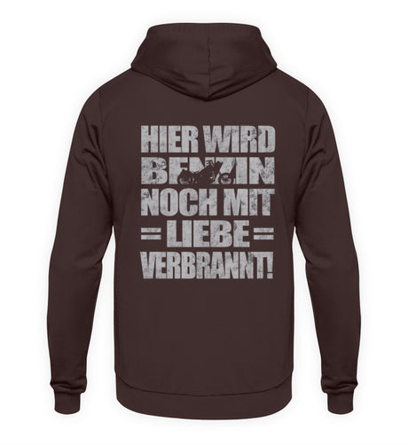 Ein Biker Hoodie für Motorradfahrer von Wingbikers mit dem Aufdruck, Hier wird Benzin noch mit Liebe verbrannt - mit Back Print, in braun.