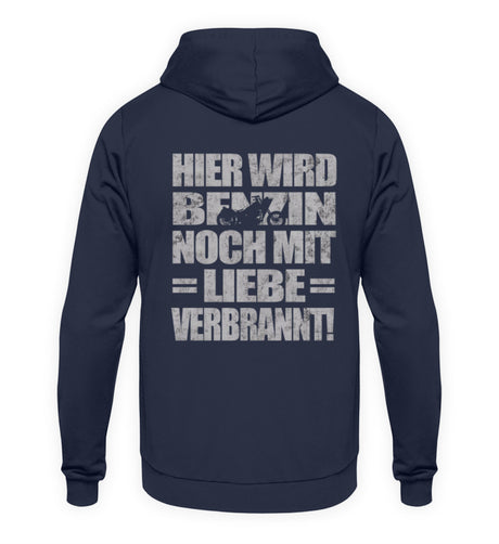 Ein Biker Hoodie für Motorradfahrer von Wingbikers mit dem Aufdruck, Hier wird Benzin noch mit Liebe verbrannt - mit Back Print, in navy blau.