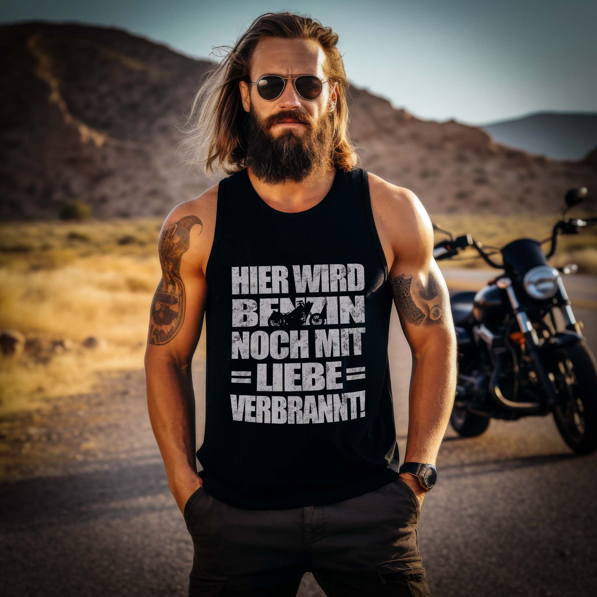 Ein Biker mit einem T-Shirt für Motorradfahrer von Wingbikers mit dem Aufdruck, Hier wird Benzin noch mit Liebe verbrannt  - in schwarz.