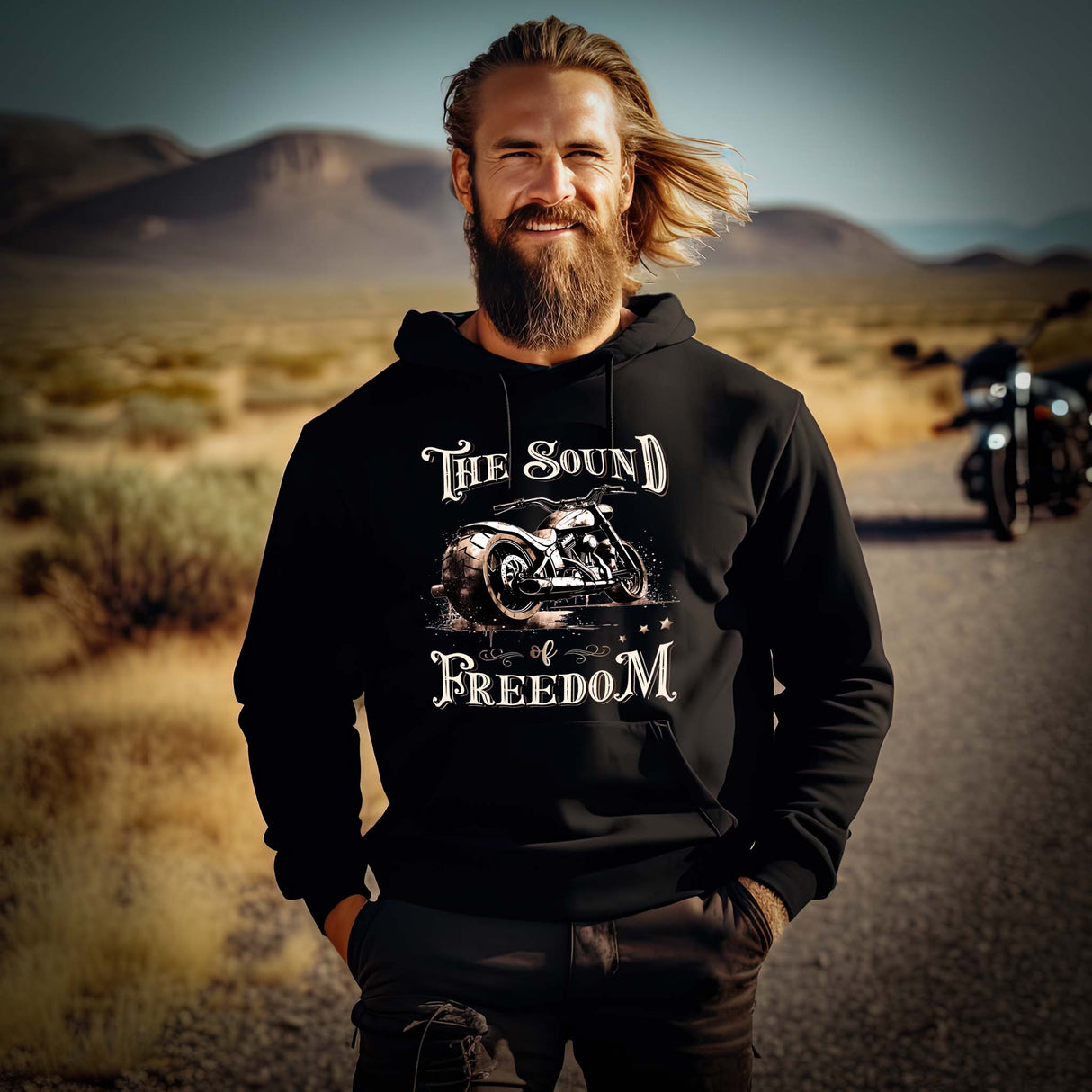 Ein Motorradfahrer mit einem Hoodie von Wingbikers mit dem Aufdruck, The Sound of Freedom, in schwarz.