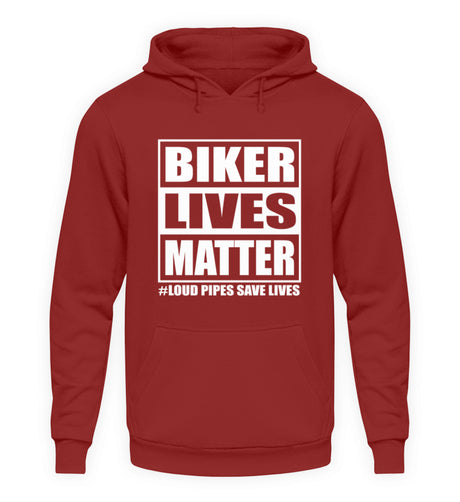Ein Biker Hoodie für Motorradfahrer von Wingbikers mit dem Aufdruck, Biker Lives Matter - # Loud Pipes Save Lives, in backsteinrot.