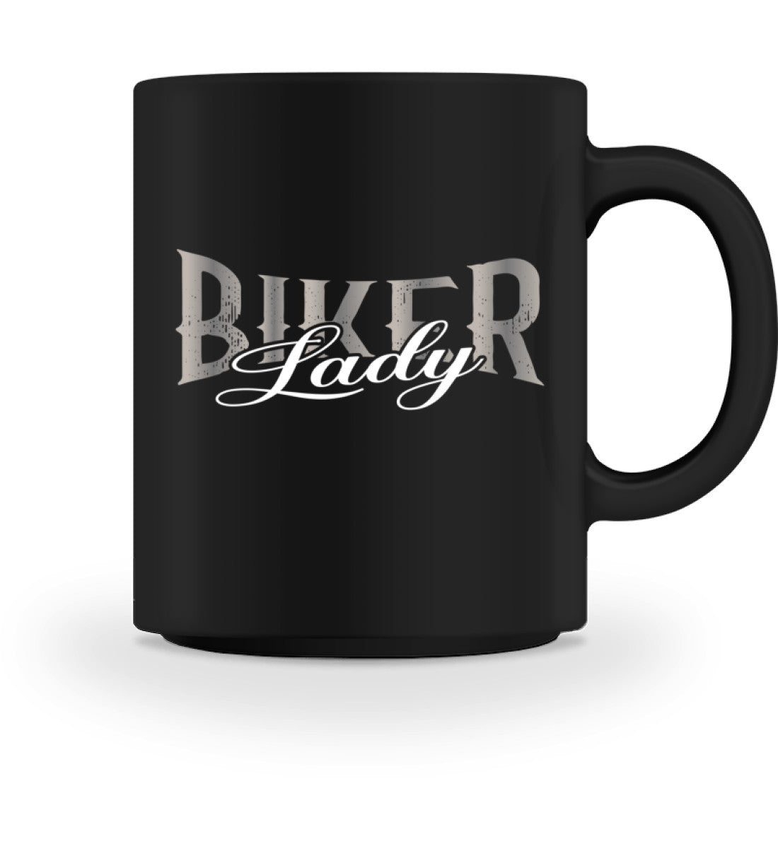 Eine Tasse für Motorradfahrerinnen von Wingbikers, mit dem beidseitigen Aufdruck, Biker Lady, in schwarz.