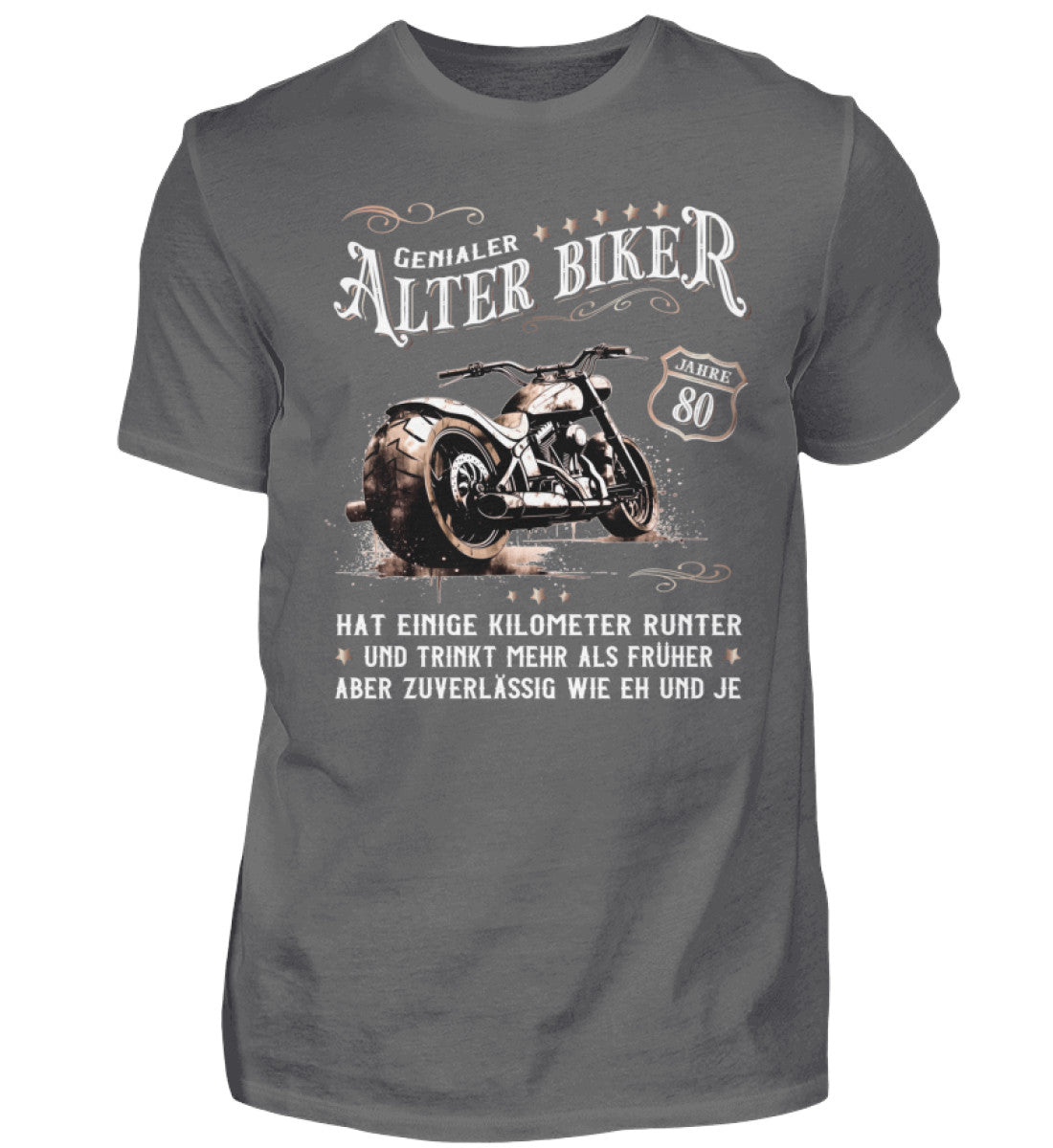 Ein Biker T-Shirt zum Geburtstag für Motorradfahrer von Wingbikers mit dem Aufdruck, Alter Biker - 80 Jahre - Einige Kilometer runter, trinkt mehr - aber zuverlässig wie eh und je - in grau.