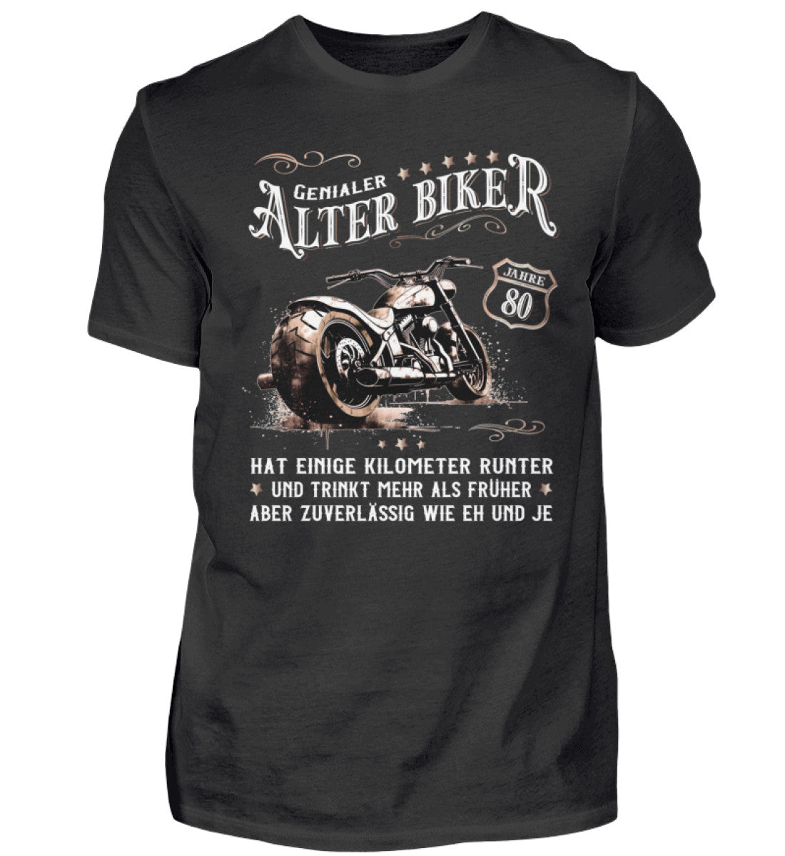 Ein Biker T-Shirt zum Geburtstag für Motorradfahrer von Wingbikers mit dem Aufdruck, Alter Biker - 80 Jahre - Einige Kilometer runter, trinkt mehr - aber zuverlässig wie eh und je - in schwarz.