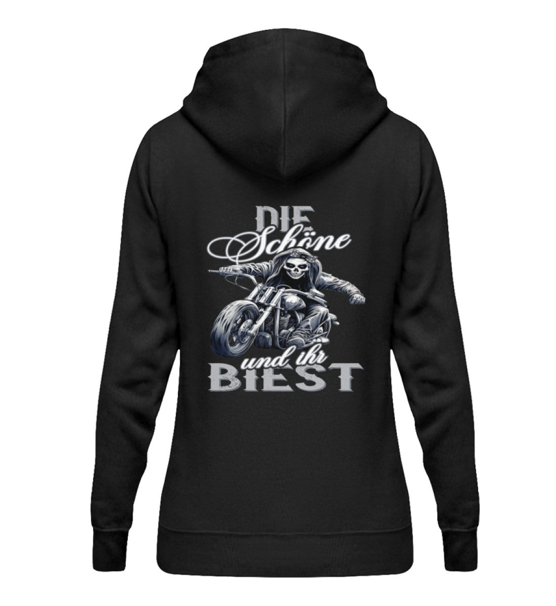 Ein Bikerin Hoodie für Motorradfahrerinnen von Wingbikers mit dem Aufdruck, Die Schöne und ihr Biest - mit Back Print, in schwarz.