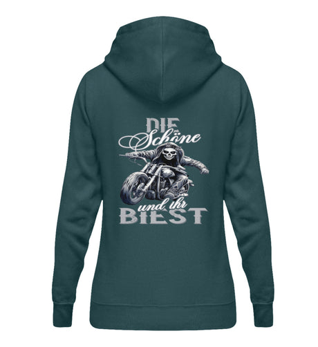 Ein Bikerin Hoodie für Motorradfahrerinnen von Wingbikers mit dem Aufdruck, Die Schöne und ihr Biest - mit Back Print, in petrol türkis.