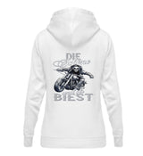 Ein Bikerin Hoodie für Motorradfahrerinnen von Wingbikers mit dem Aufdruck, Die Schöne und ihr Biest - mit Back Print, in weiß.