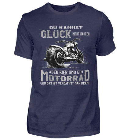 Ein Biker T-Shirt für Motorradfahrer von Wingbikers mit dem Aufdruck, Du kannst Glück nicht kaufen, aber Bier und ein Motorrad und das ist verdammt nah dran! - in navy blau.