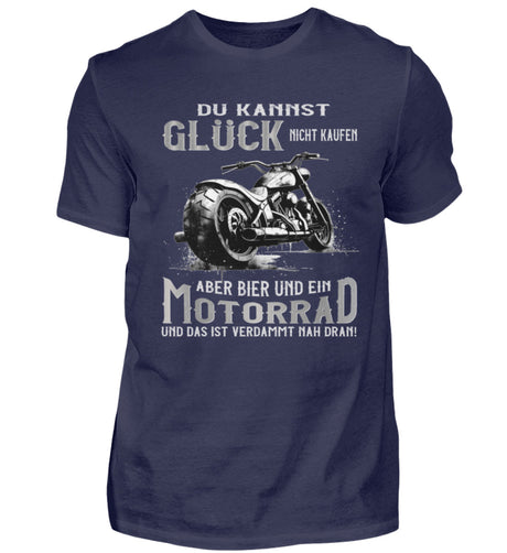 Ein Biker T-Shirt für Motorradfahrer von Wingbikers mit dem Aufdruck, Du kannst Glück nicht kaufen, aber Bier und ein Motorrad und das ist verdammt nah dran! - in navy blau.