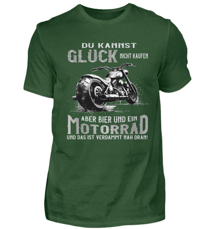 Ein Biker T-Shirt für Motorradfahrer von Wingbikers mit dem Aufdruck, Du kannst Glück nicht kaufen, aber Bier und ein Motorrad und das ist verdammt nah dran! - in dunkelgrün.