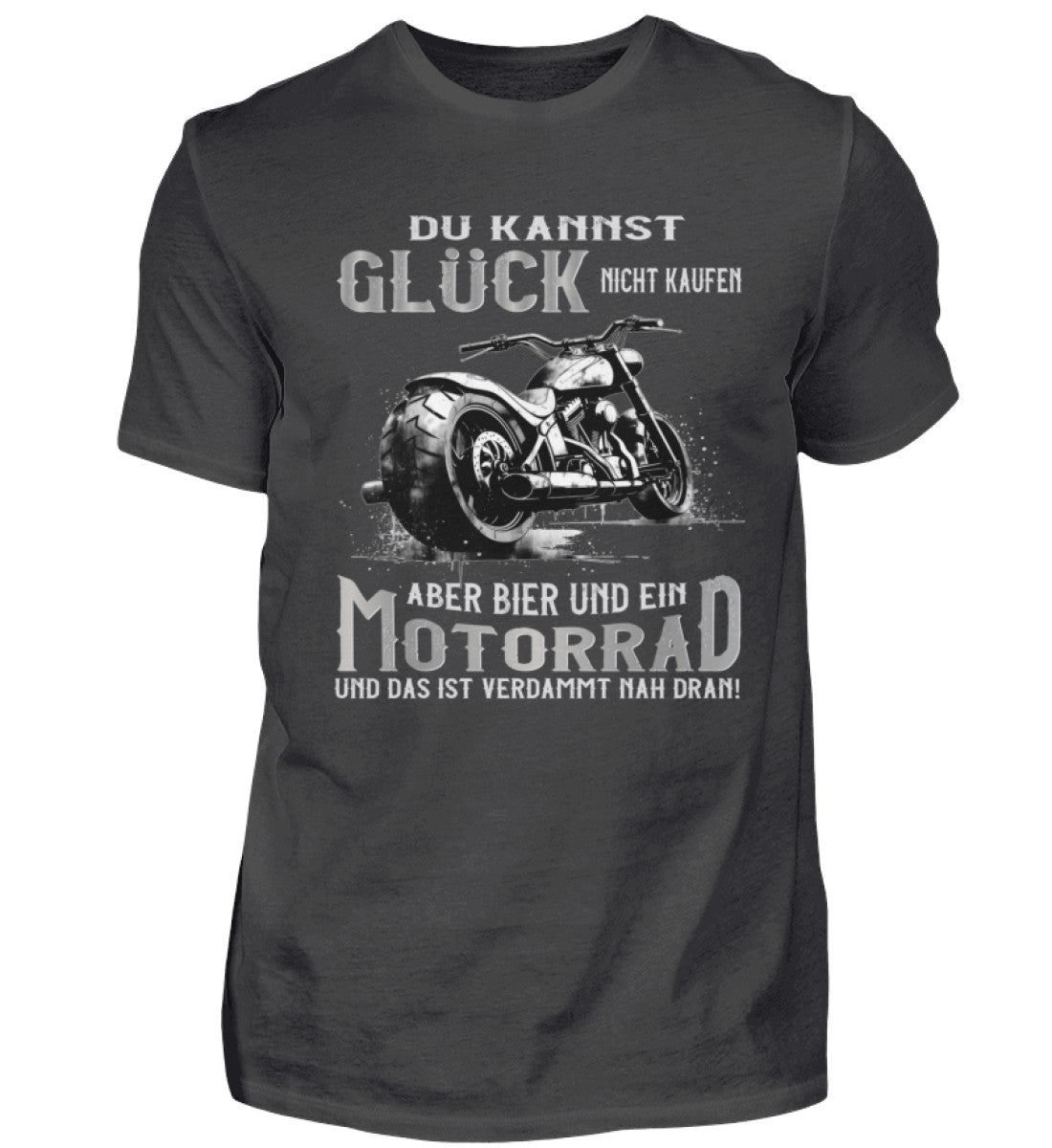 Ein Biker T-Shirt für Motorradfahrer von Wingbikers mit dem Aufdruck, Du kannst Glück nicht kaufen, aber Bier und ein Motorrad und das ist verdammt nah dran! - in dunkelgrau.