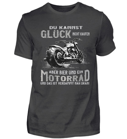 Ein Biker T-Shirt für Motorradfahrer von Wingbikers mit dem Aufdruck, Du kannst Glück nicht kaufen, aber Bier und ein Motorrad und das ist verdammt nah dran! - in dunkelgrau.