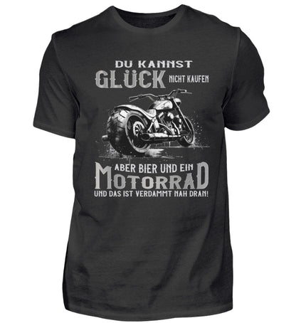 Ein Biker T-Shirt für Motorradfahrer von Wingbikers mit dem Aufdruck, Du kannst Glück nicht kaufen, aber Bier und ein Motorrad und das ist verdammt nah dran! - in schwarz.