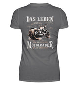 Ein Bikerin T-Shirt für Motorradfahrerinnen von Wingbikers mit dem Aufdruck, Das Leben ist zu kurz, um hässliche Motorräder zu fahren - mit Back Print, in dunkelgrau.