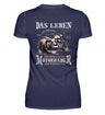 Ein Bikerin T-Shirt für Motorradfahrerinnen von Wingbikers mit dem Aufdruck, Das Leben ist zu kurz, um hässliche Motorräder zu fahren - mit Back Print, in navy blau.