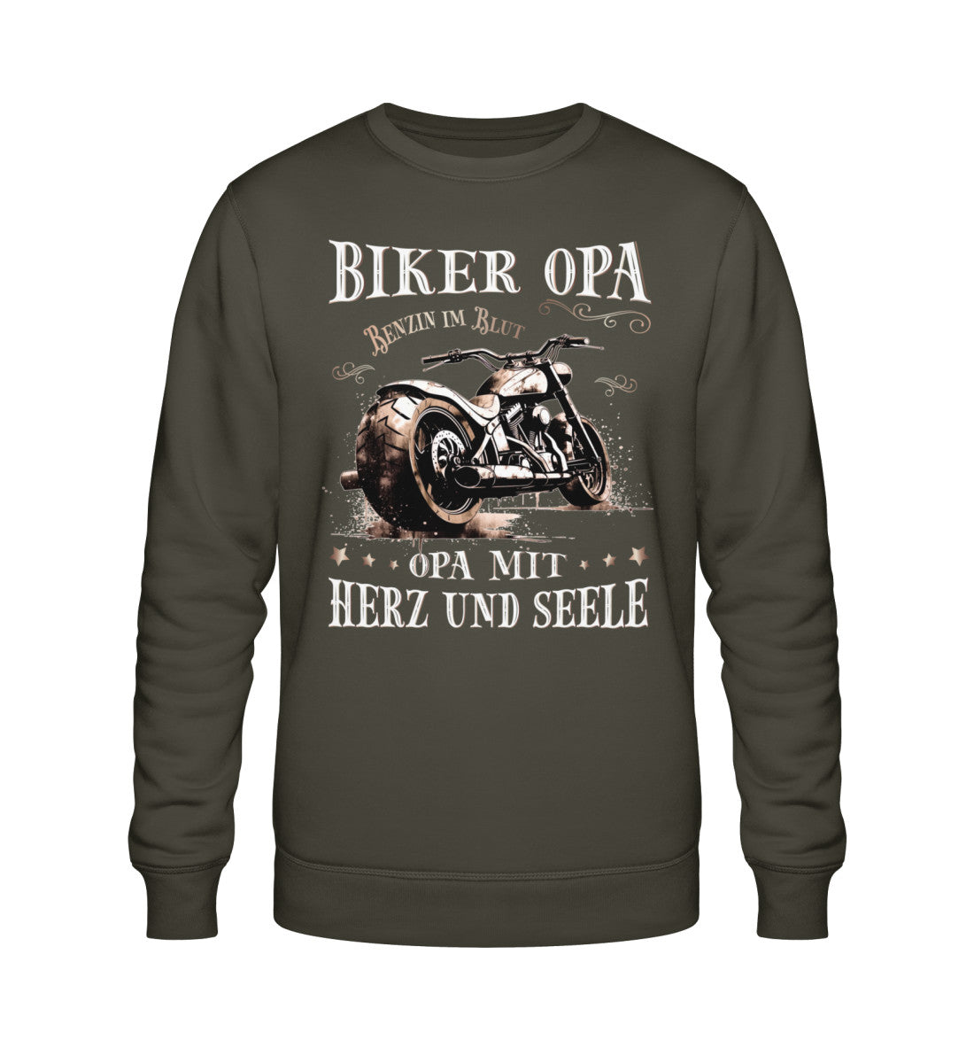 Ein Biker Sweatshirt für Motorradfahrer von Wingbikers mit dem Aufdruck, Biker Opa - Benzin im Blut - Opa mit Herz und Seele, in khaki grün.