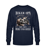 Ein Biker Sweatshirt für Motorradfahrer von Wingbikers mit dem Aufdruck, Biker Opa - Benzin im Blut - Opa mit Herz und Seele, in navy blau.